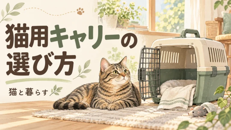 猫用キャリーの選び方。猫とキャリーを描いたタイトル入りイラスト。