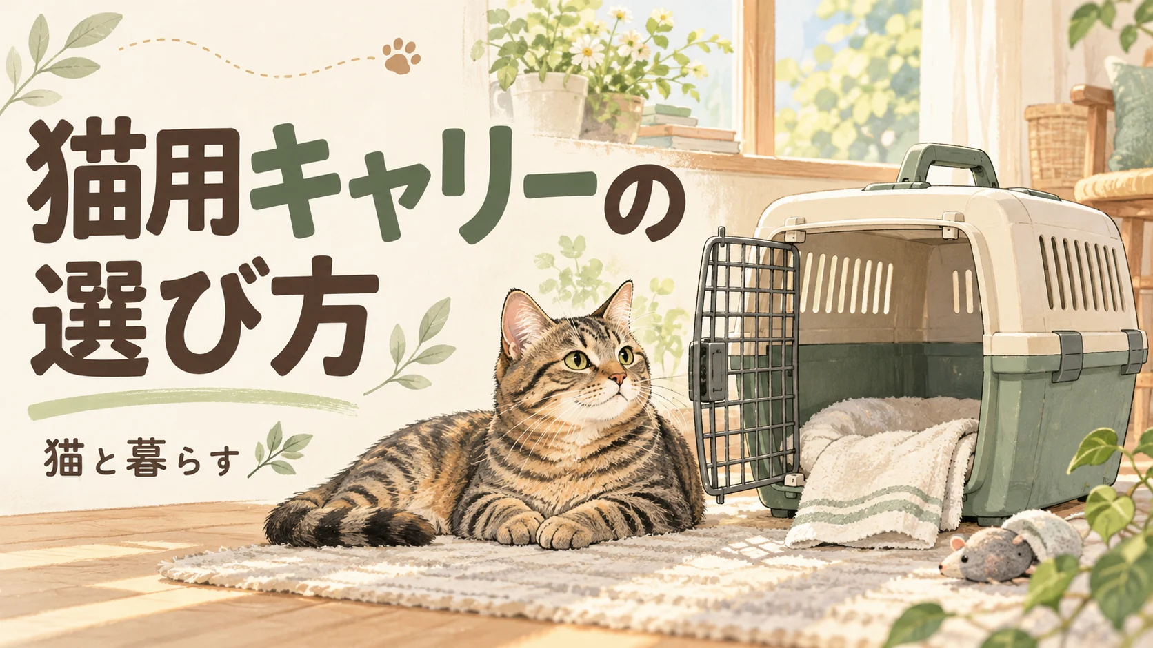 猫用キャリーの選び方。猫とキャリーを描いたタイトル入りイラスト。