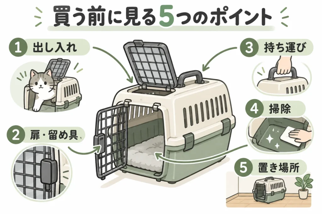 キャリーの確認ポイント5つ。出し入れ、扉・留め具、持ち運び、掃除、置き場所。