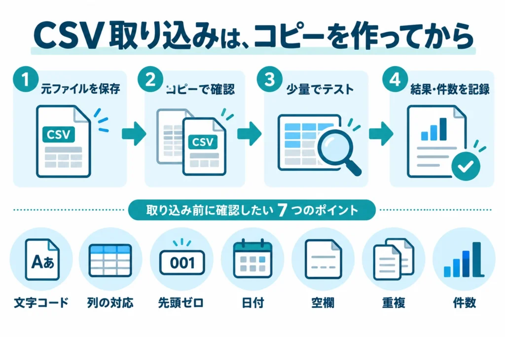 元ファイル保存、コピーで確認、少量テスト、結果・件数を記録する流れと7つの確認項目。